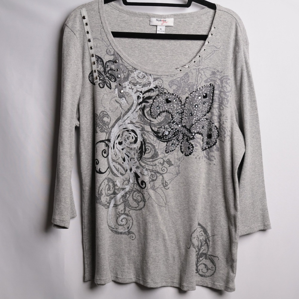 Style&co Jeans Womens XL Grey Fleur De Lis Rhinestone Studded 3/4 Sleeve Top